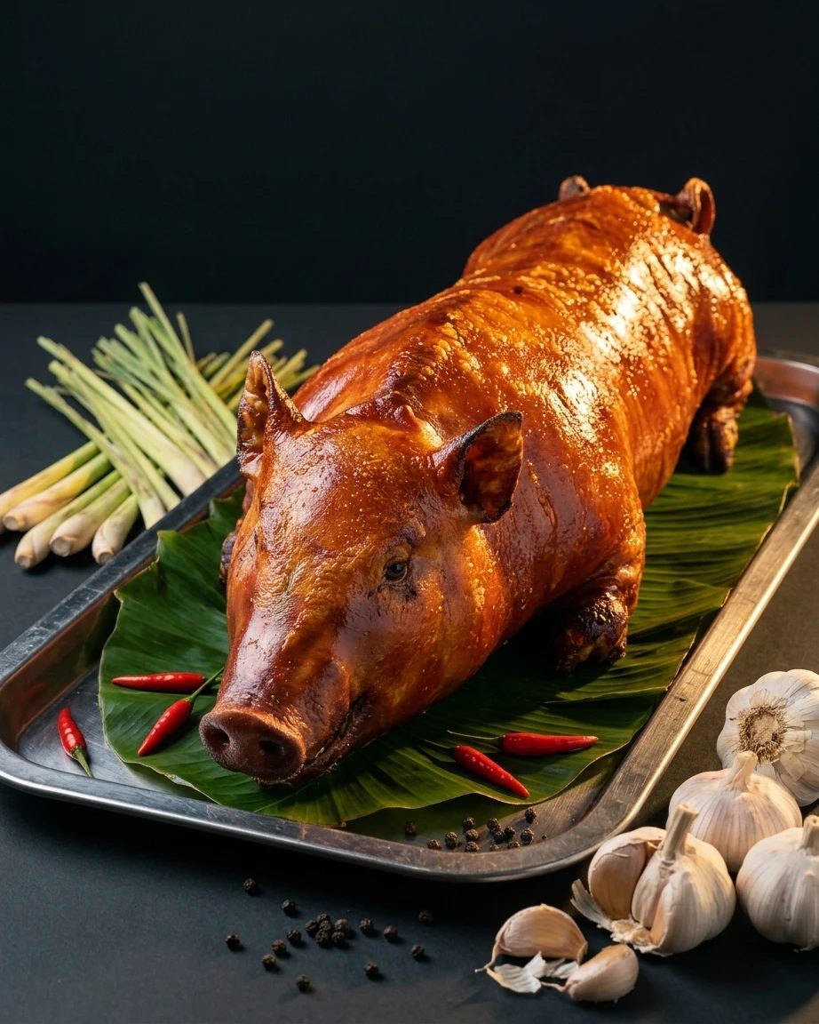 A whole Cebu lechon with lemongrass, garlic, chillies and peppercorns, the aromatics of a Cebu-style roast