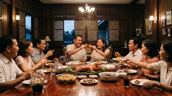 Adults clinking lechon pieces