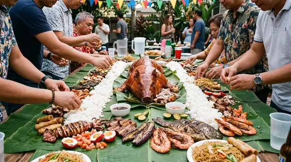 Adults sharing communal feast