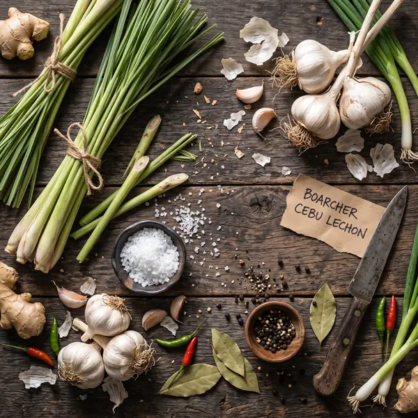 Cebu lechon ingredients on wood
