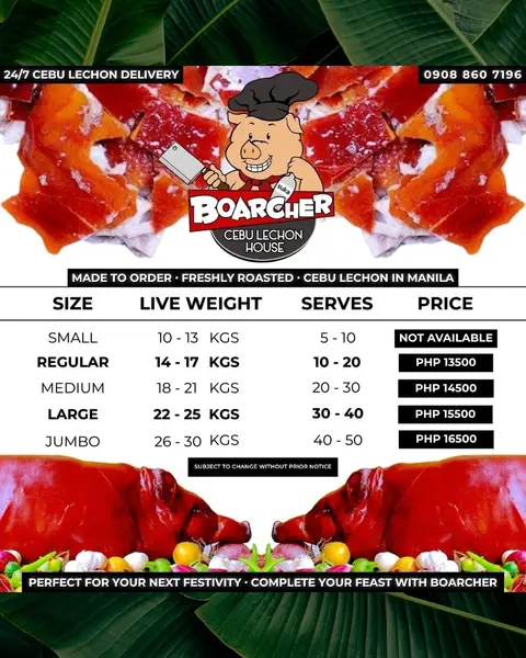 Cebu lechon price list sizes and weights