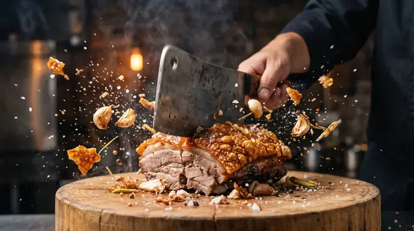 Cleaver striking roasted pig
