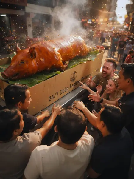 A crowd reaching for a whole Cebu lechon in a 24/7 Cebu Lechon Delivery box