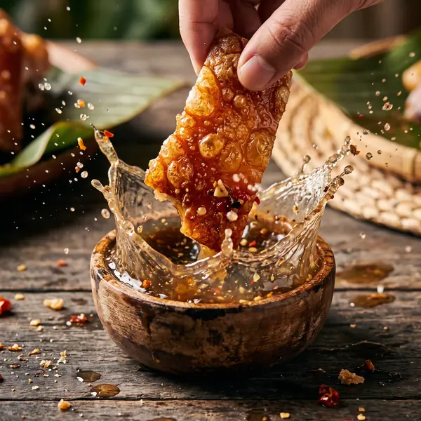 Dipping lechon crackling into vinegar