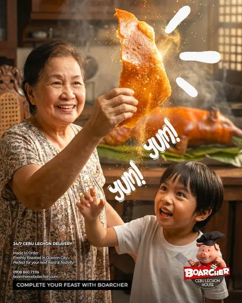Filipino family enjoying lechon crackling