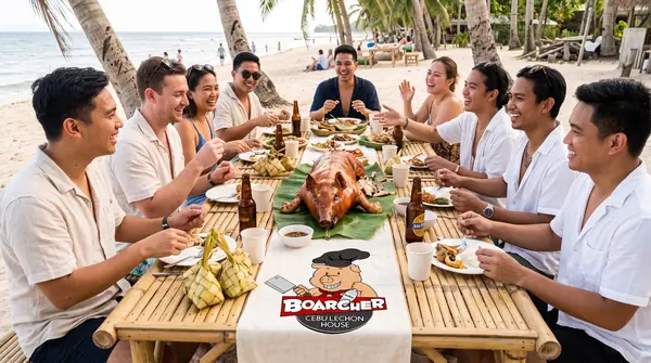 Friends sharing lechon on beach