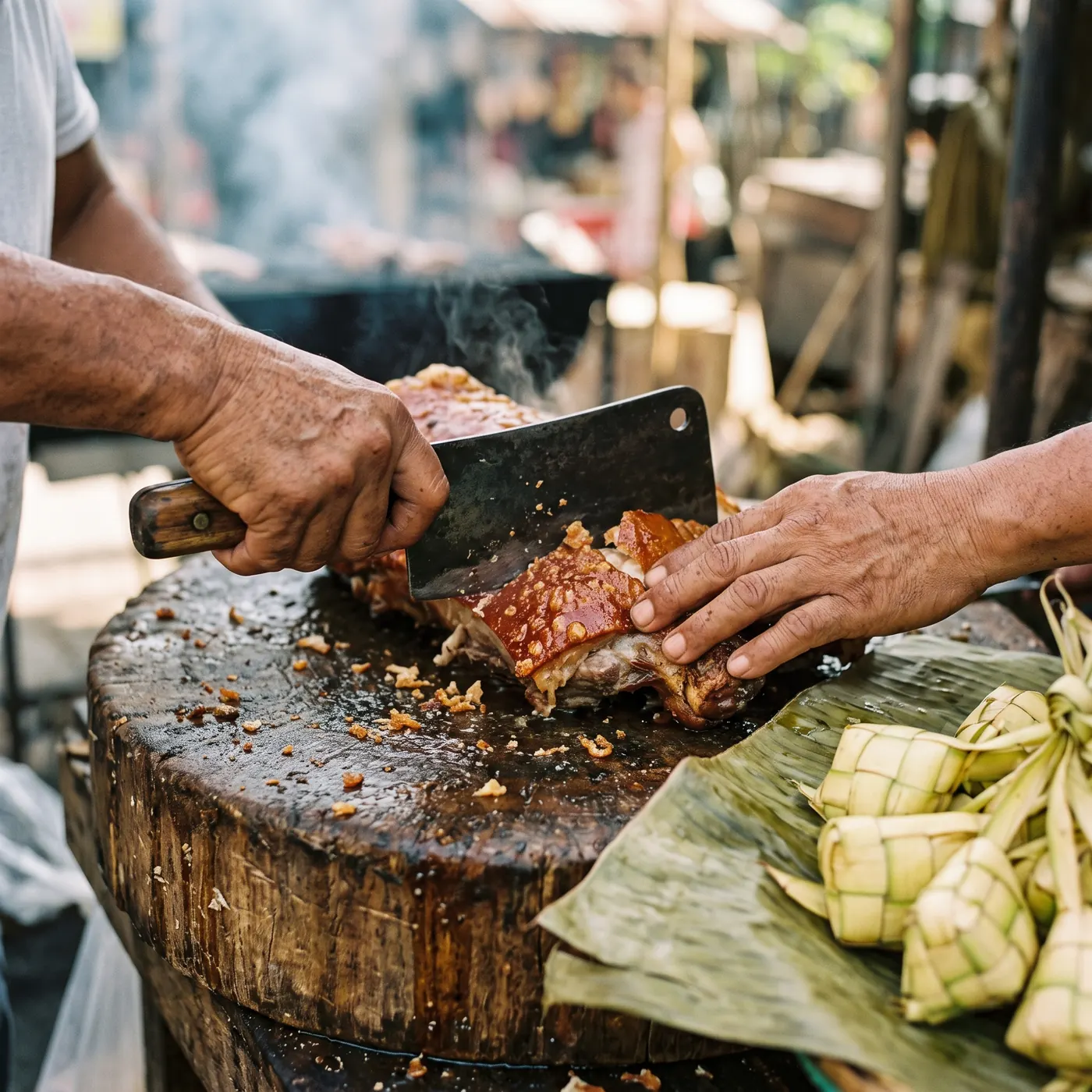 Hands chopping lechon skin