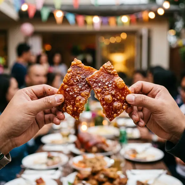 Hands clinking lechon skin shards 2