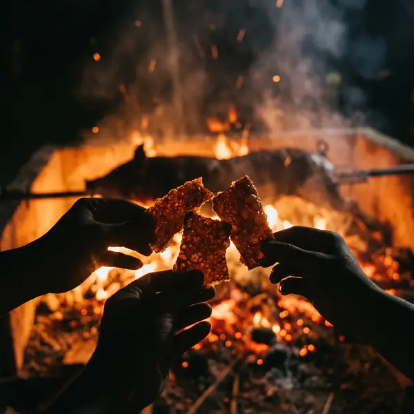 Hands clinking lechon skin