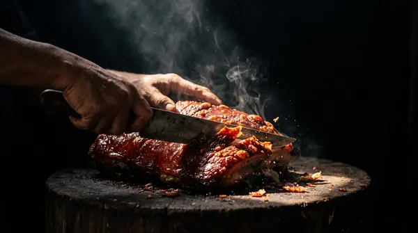 Hands slicing crispy lechon skin