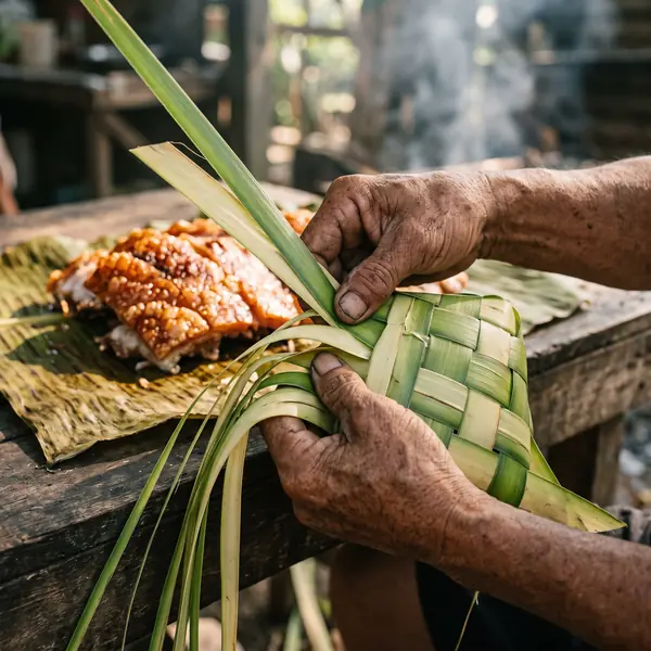 Hands weaving heart shaped rice pouches