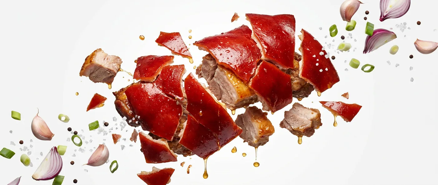 Cebu lechon and aromatics scattered in the air