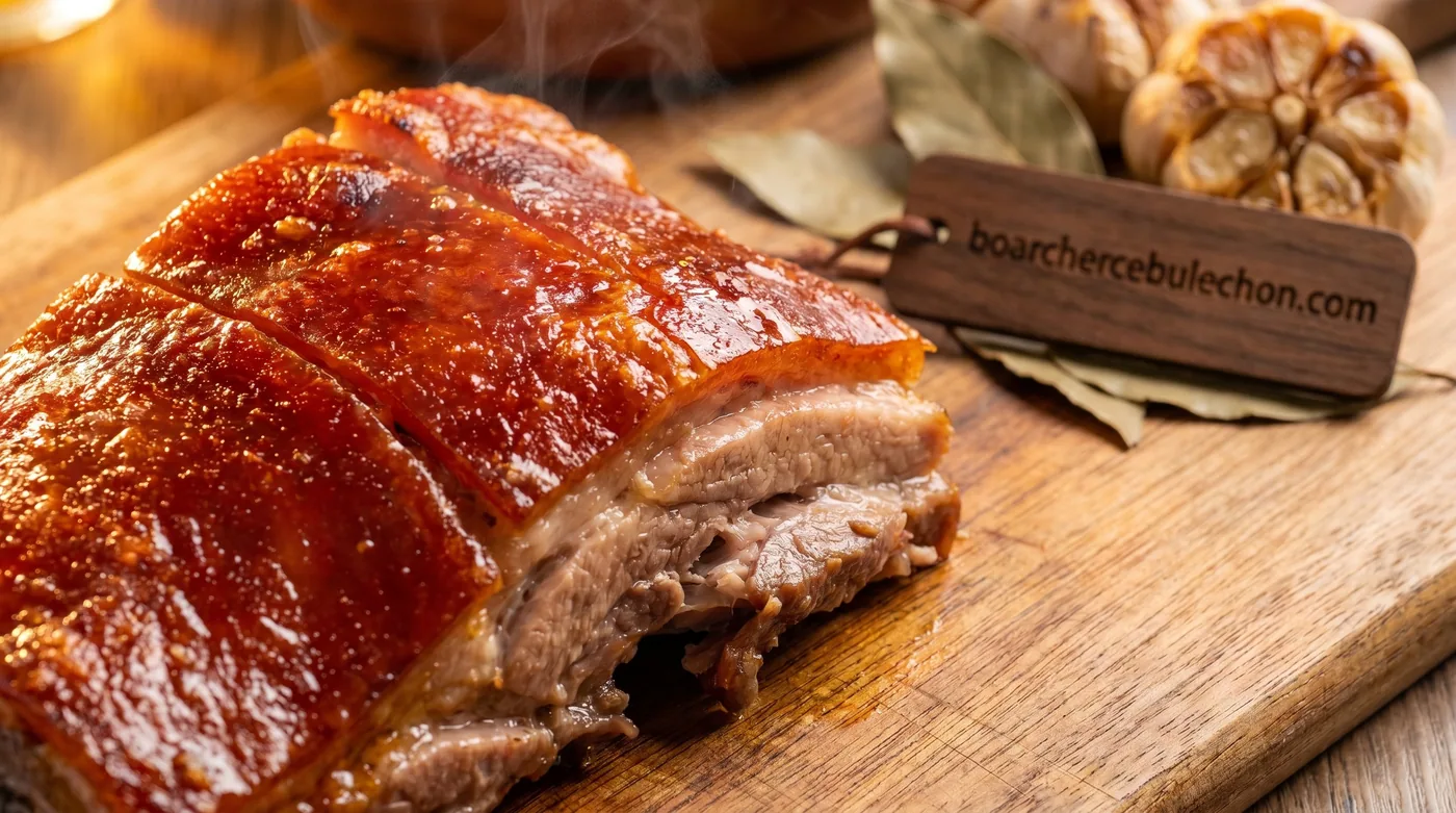 A slab of Cebu lechon sliced on a board with roasted garlic