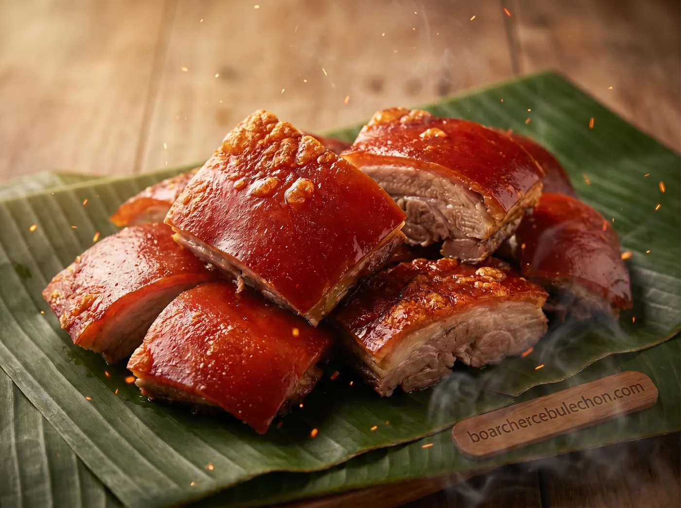 Chopped Cebu lechon on a banana leaf, skin still glossy
