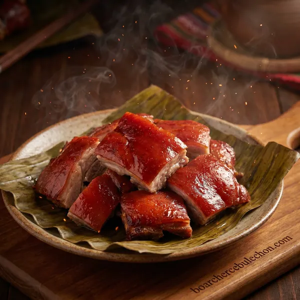 Chopped Cebu lechon steaming on a ceramic plate over banana leaf