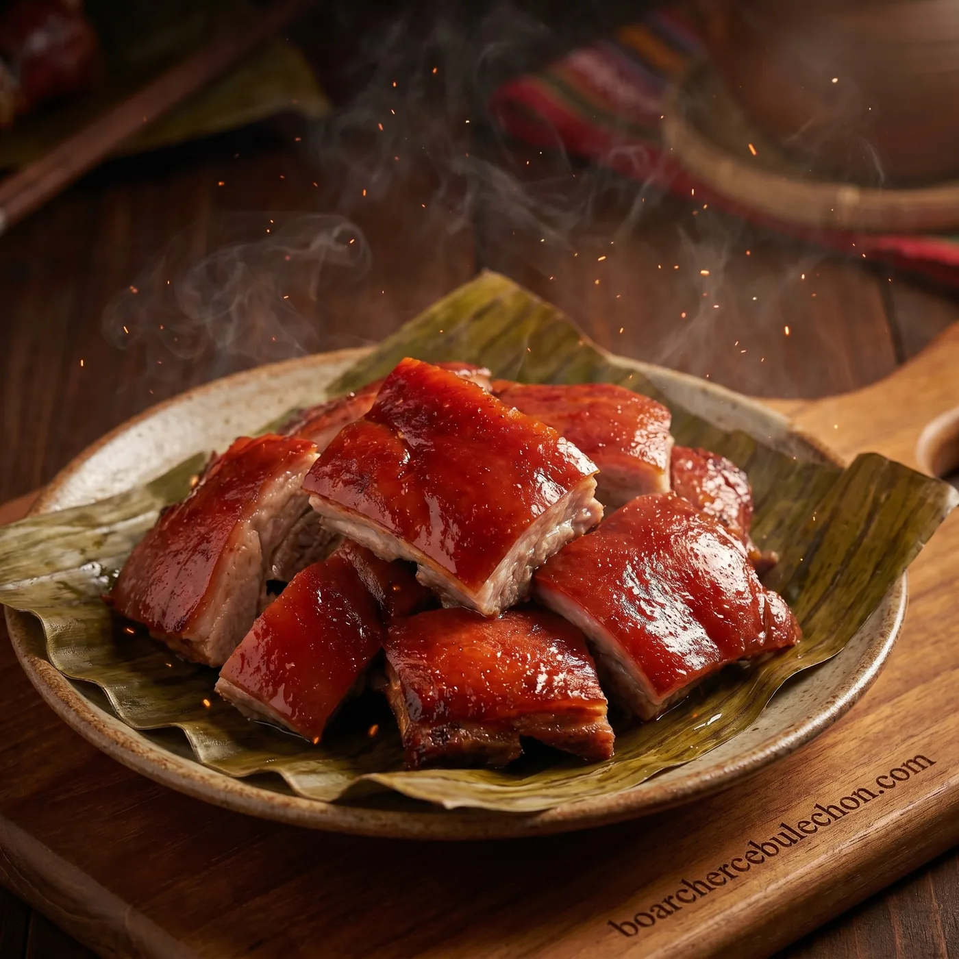 Chopped Cebu lechon steaming on a ceramic plate over banana leaf