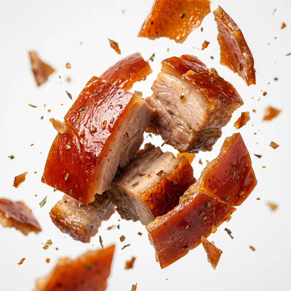 Chunks of Cebu lechon, skin and meat, caught mid-air