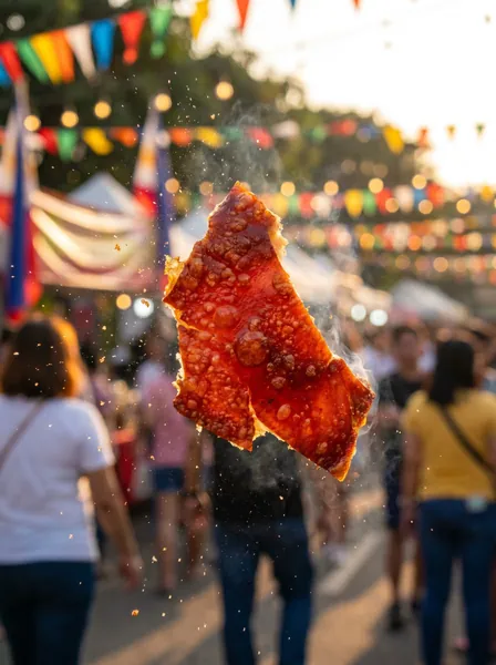 A piece of Cebu lechon crackling held up at a street fiesta