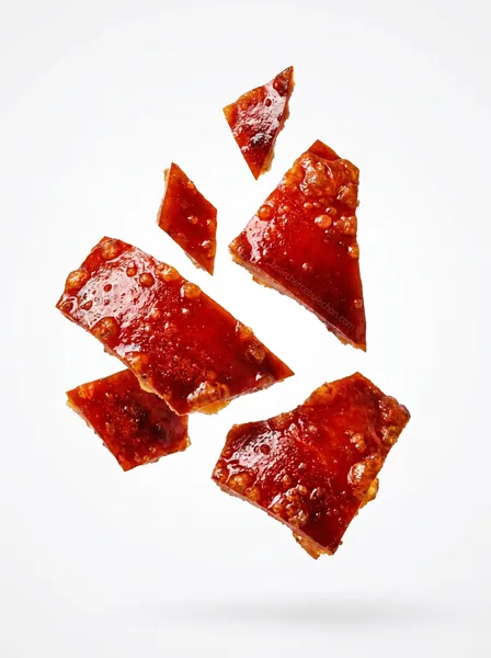 Pieces of Cebu lechon crackling against a white ground