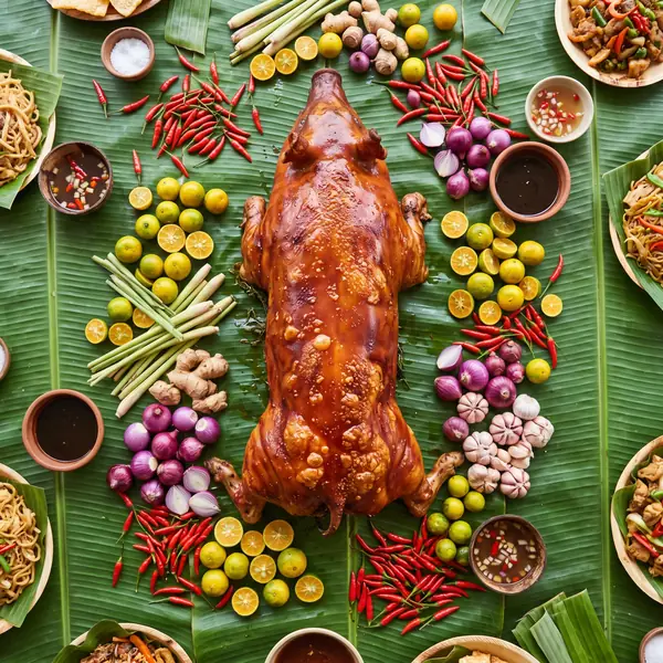 Lechon flat lay with produce