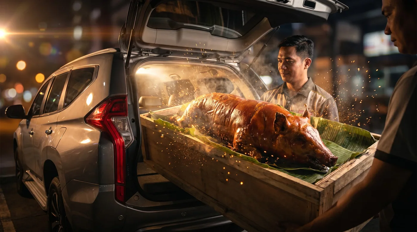 A whole Cebu lechon in an open tray being loaded into a car for delivery