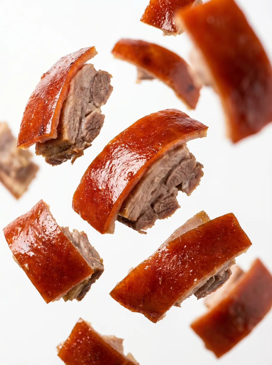 Pieces of Cebu lechon falling against a white ground