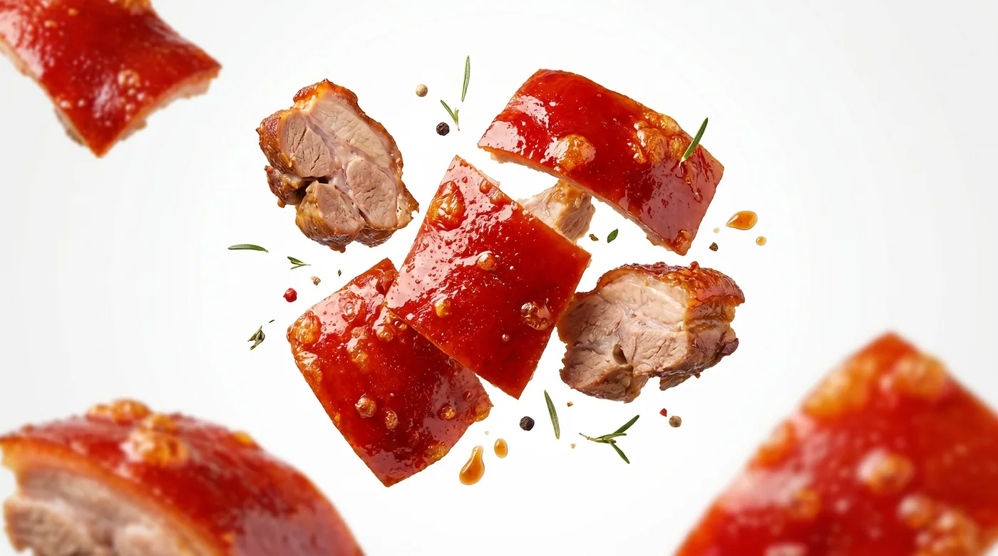 Pieces of Cebu lechon with herbs against a white ground