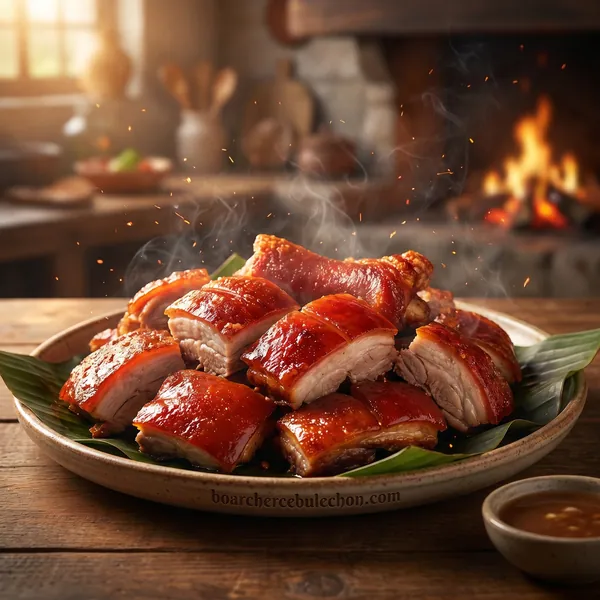 A plate of chopped Cebu lechon with a bowl of vinegar beside the fire
