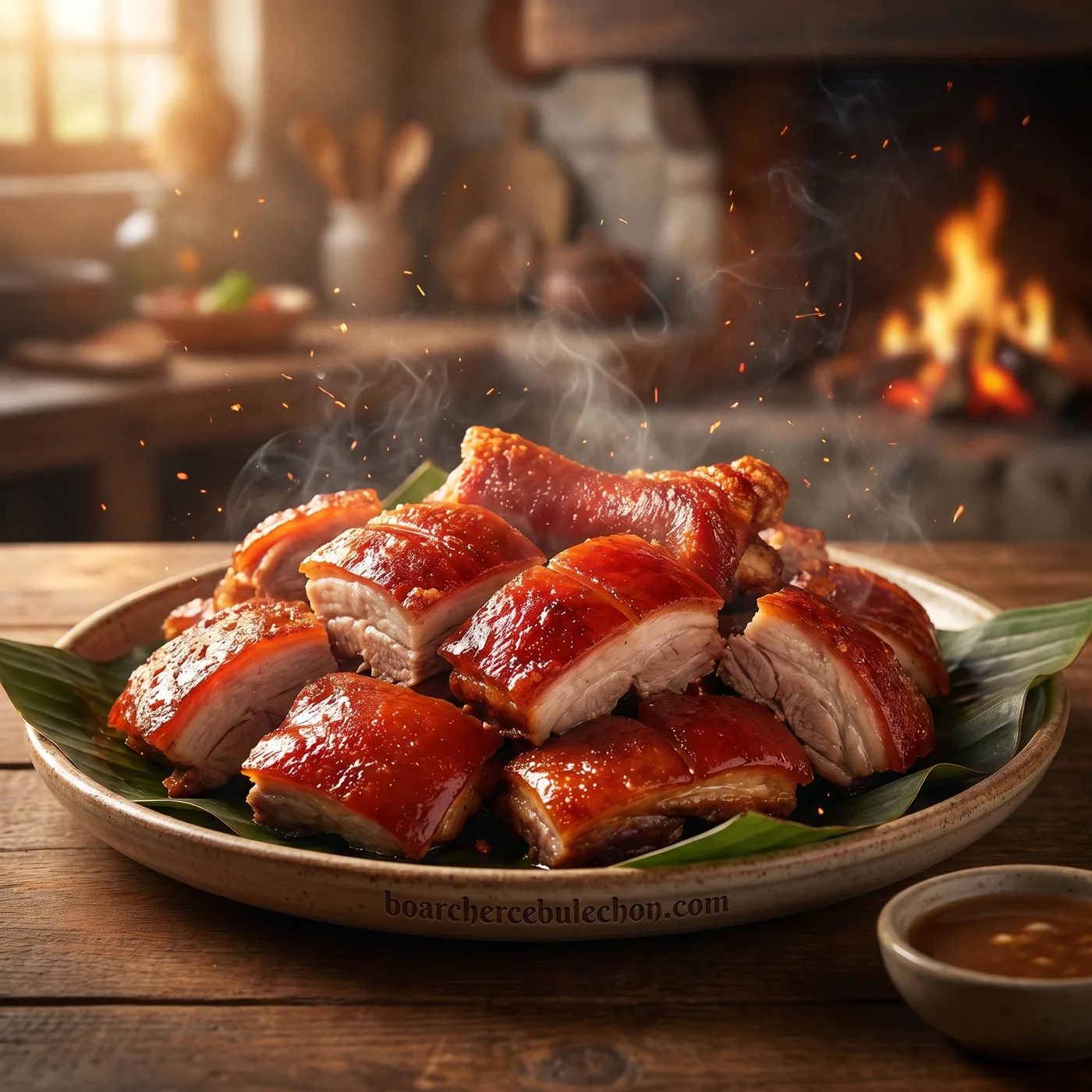 A plate of chopped Cebu lechon with a bowl of vinegar beside the fire