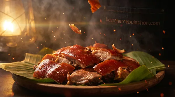 A platter of chopped Cebu lechon by lantern light