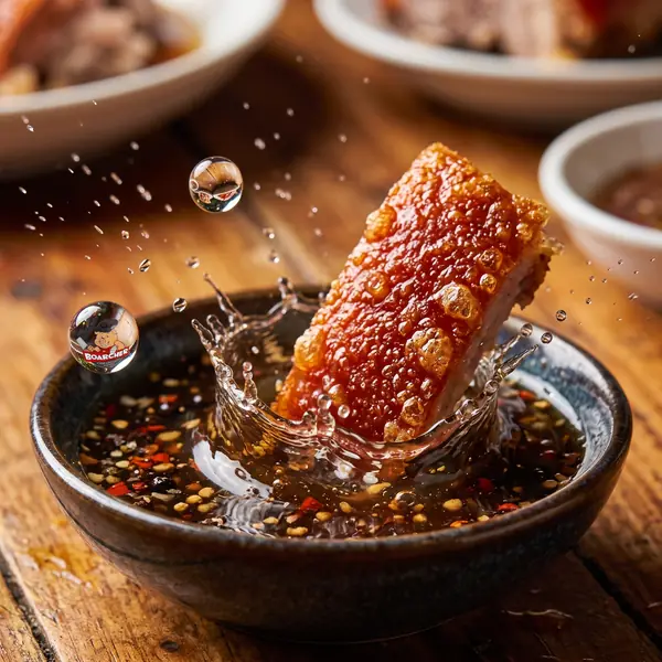 Lechon skin splashing in vinegar