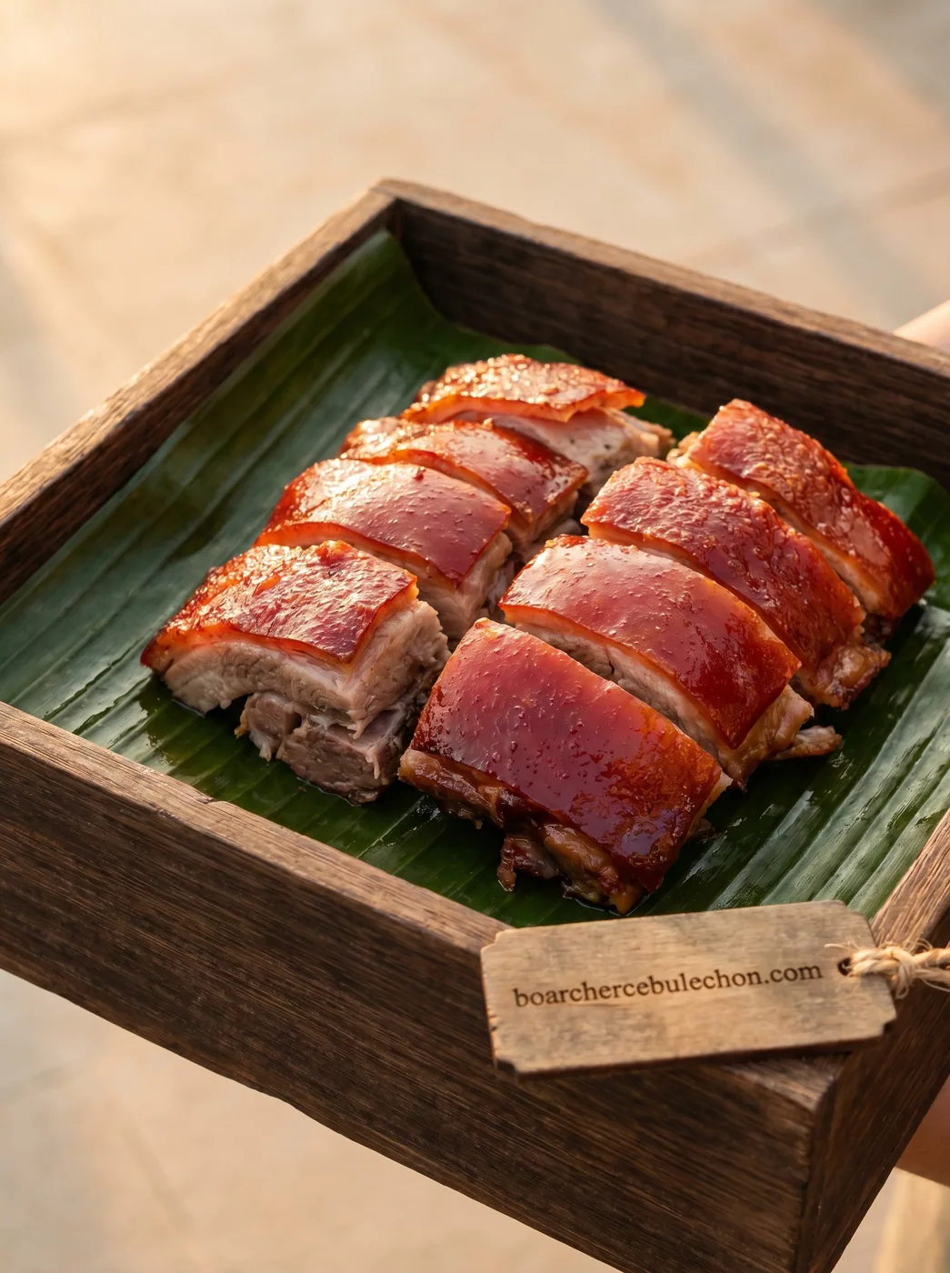 Cebu lechon slices in an open wooden tray on banana leaf