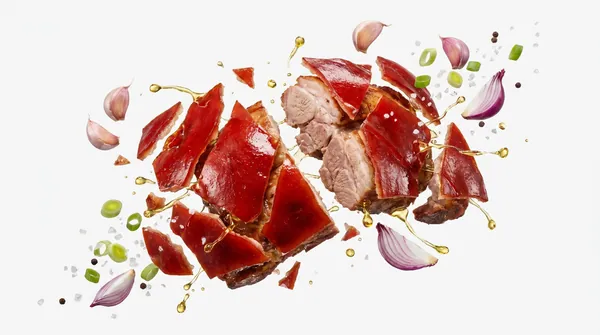 Cebu lechon with garlic, onion and spring onion against white