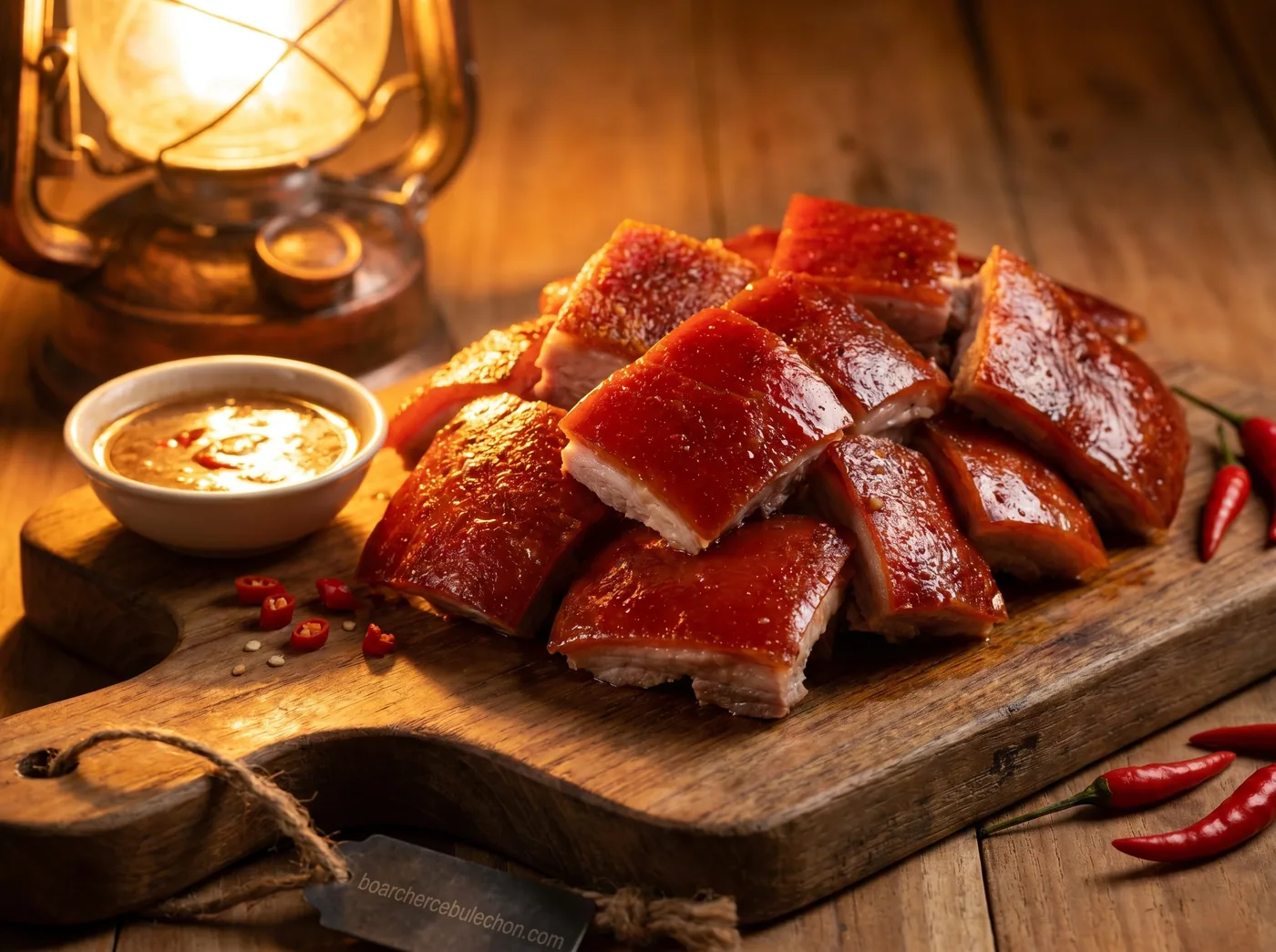 Chopped Cebu lechon with a bowl of vinegar and red chillies