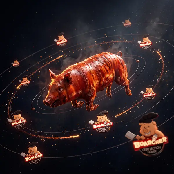 Mahogany lechon floating with logos