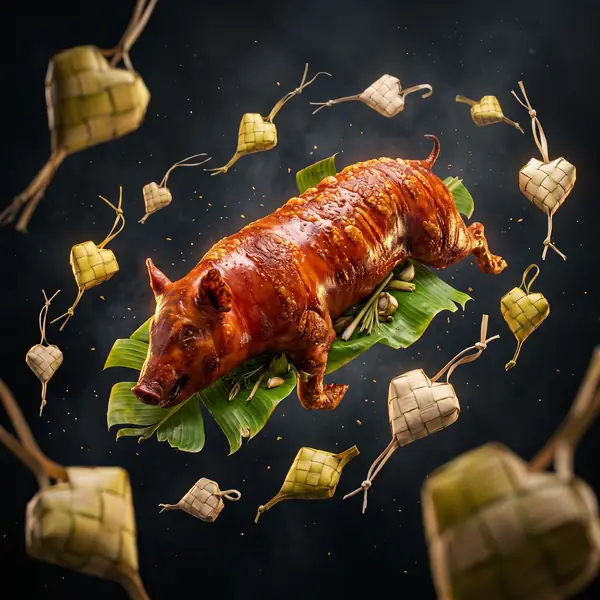 Mahogany lechon floating with rice