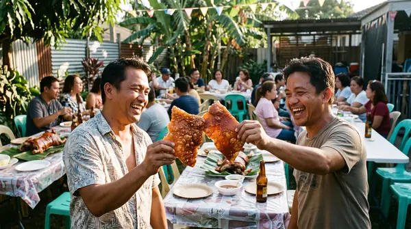 Men cheering with crispy lechon