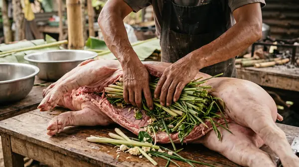 Person stuffing pig with herbs
