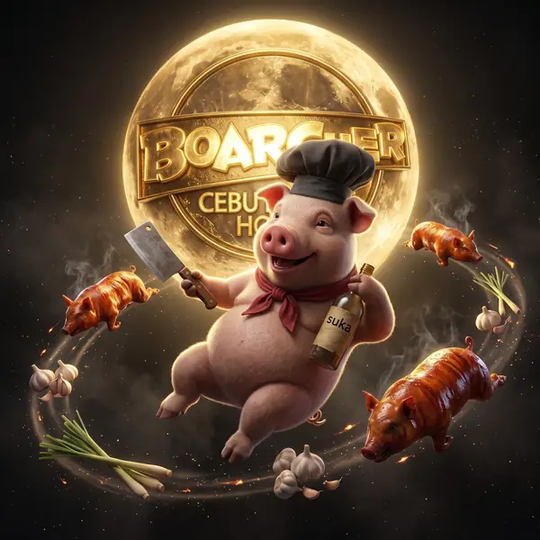 Pig chef floating with ingredients