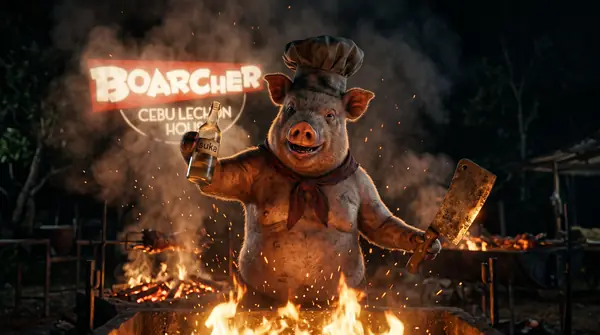 Pig chef holding bottle