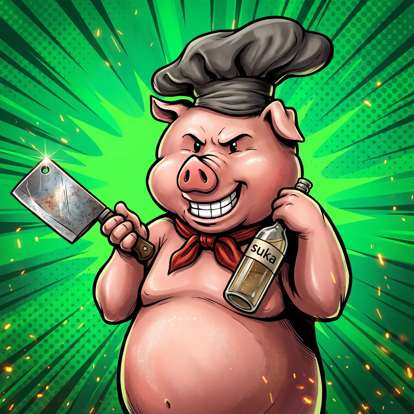 Pig chef holding cleaver