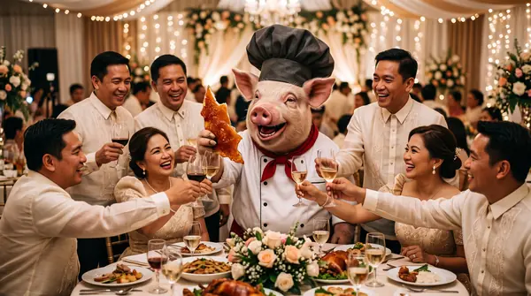 Pig chef toasting at wedding