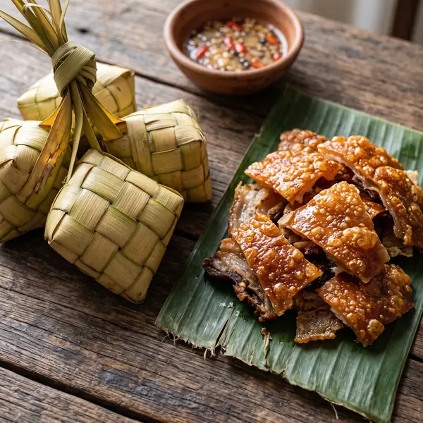 Puso rice and lechon skin