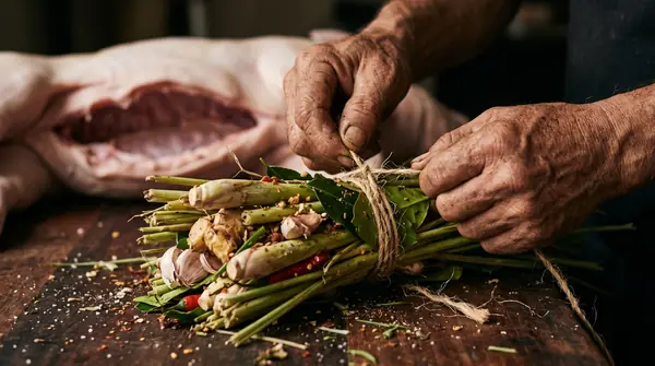 Roaster tying spices for pig