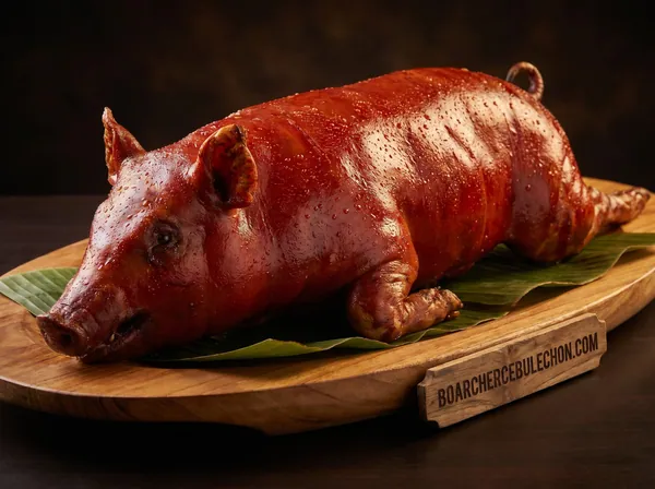 A whole Cebu lechon resting on a wooden board