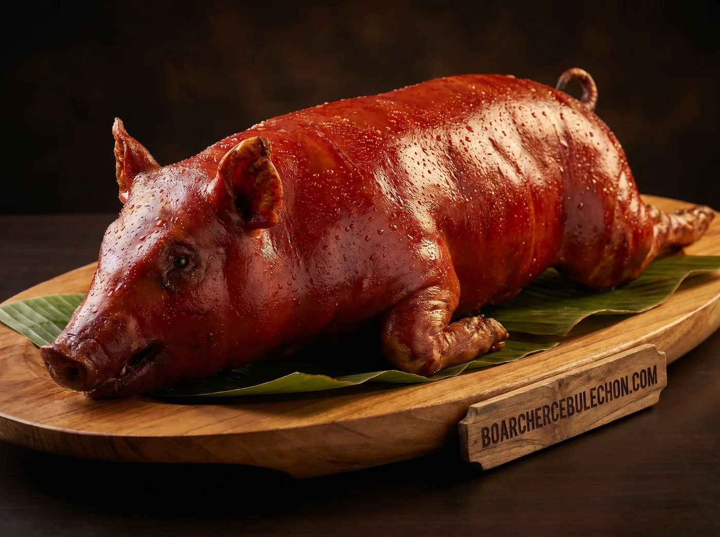 A whole Cebu lechon resting on a wooden board