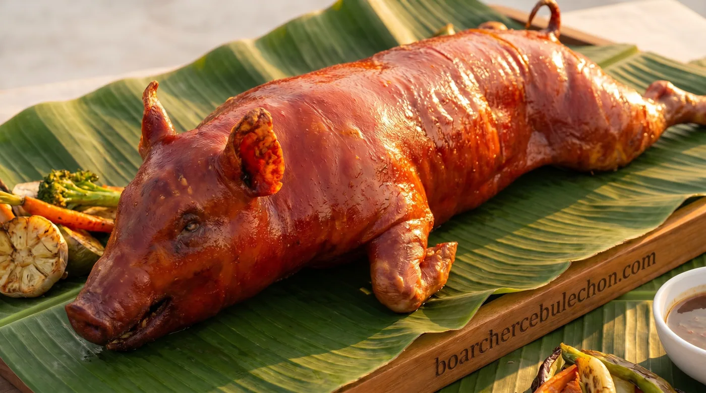 A whole Cebu lechon on banana leaf with roasted vegetables
