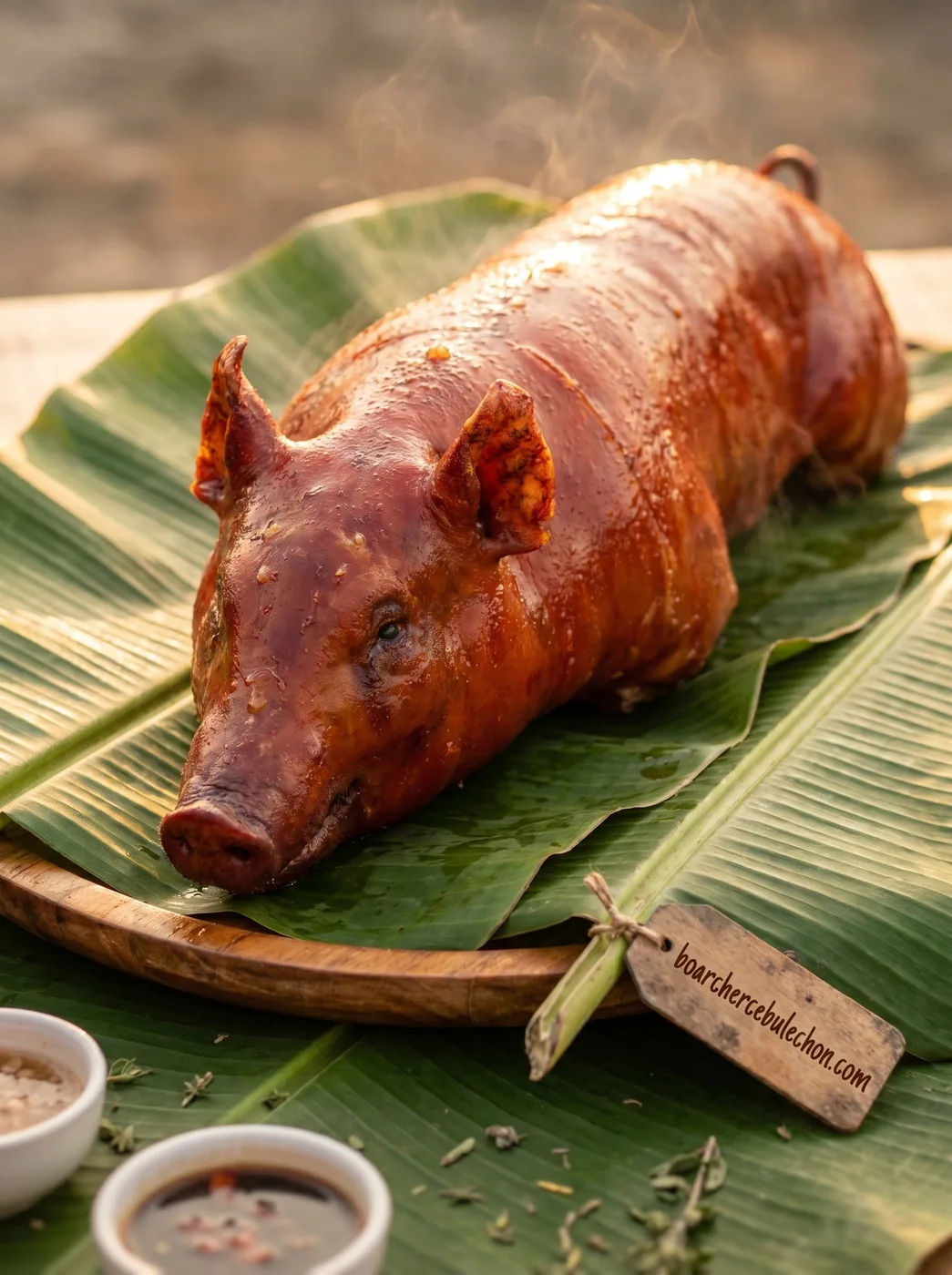 A whole Cebu lechon on banana leaf with bowls of seasoned vinegar