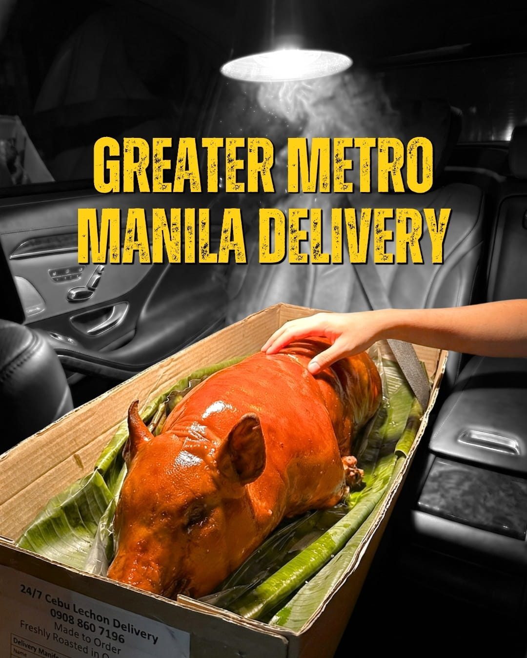 Lechon baboy delivery in Greater Metro Manila, in an open tray on banana leaves