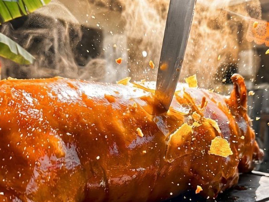 Whole roasted Cebu lechon with glossy skin
